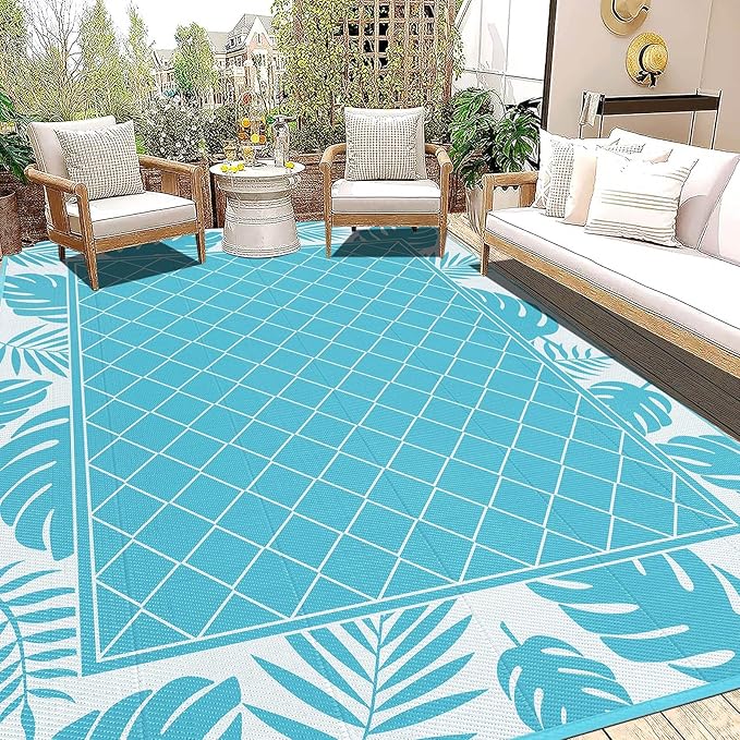 Ileading Outdoor Rug Carpet for Patio 9'x12' Waterproof Reversible Plastic Straw Rug Portable Outside Area Rug Camping Mat for Patio, Clearance, Balcony, Picnic, Pool, Beach, RV, Deck, Teal