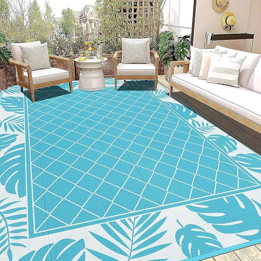 Ileading Outdoor Rug Carpet for Patio 9'x12' Waterproof Reversible Plastic Straw Rug Portable Outside Area Rug Camping Mat for Patio, Clearance, Balcony, Picnic, Pool, Beach, RV, Deck, Teal