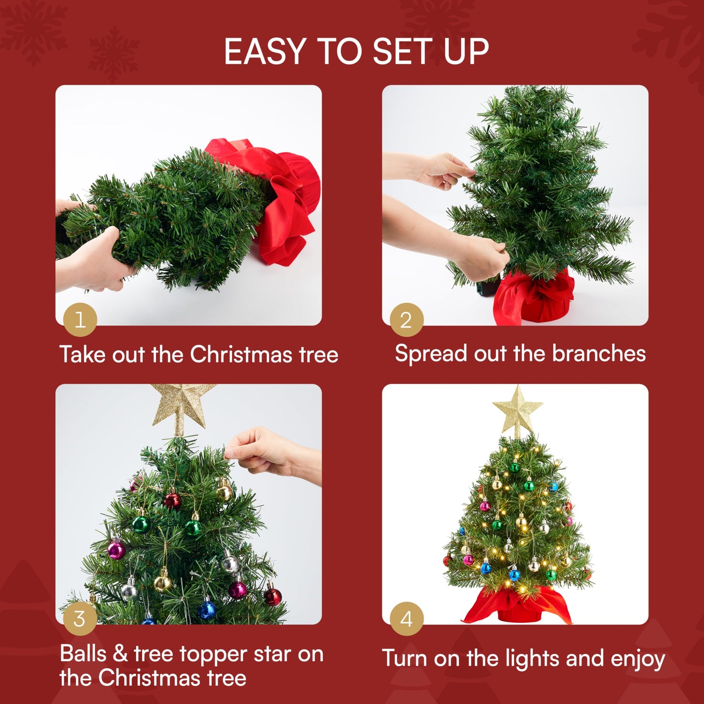 Joiedomi 24"/2FT Mini Christmas Tree Tabletop Set with Clear LED Lights, Artificial Mini Christmas Tree with Star Treetop and Hanging Ornaments, Best DIY Xmas Decorations