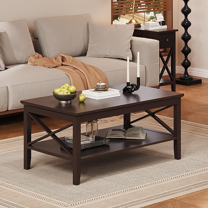 ChooChoo Oxford Coffee Table with Thicker Legs, Espresso Wood Coffee Table with Storage for Living Room 40 inches