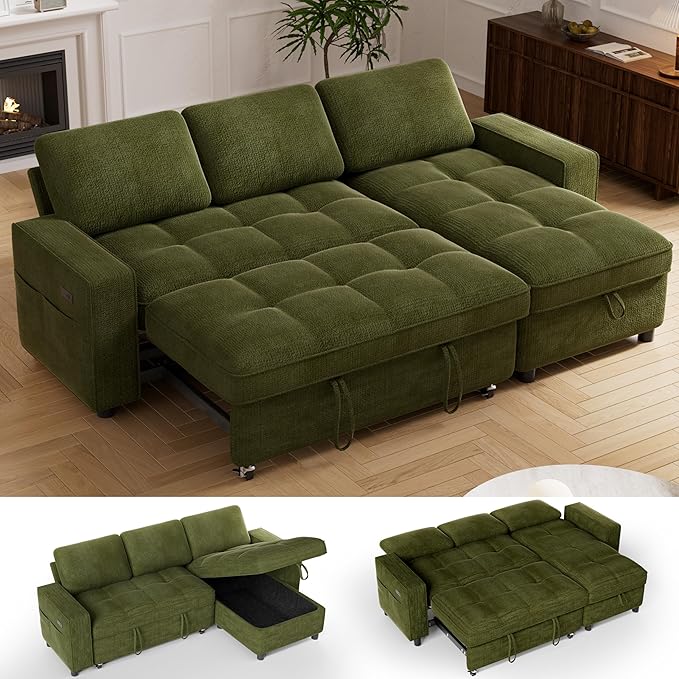 Vipbear Sleeper Sectional Sofa, 81" L Shaped Couch with Pull Out Bed, Convertible Chenille Cloud Sofa with Reclining Backrest | Reversible Storage Chaise | USB Ports | Tool-Free Assembly | Green