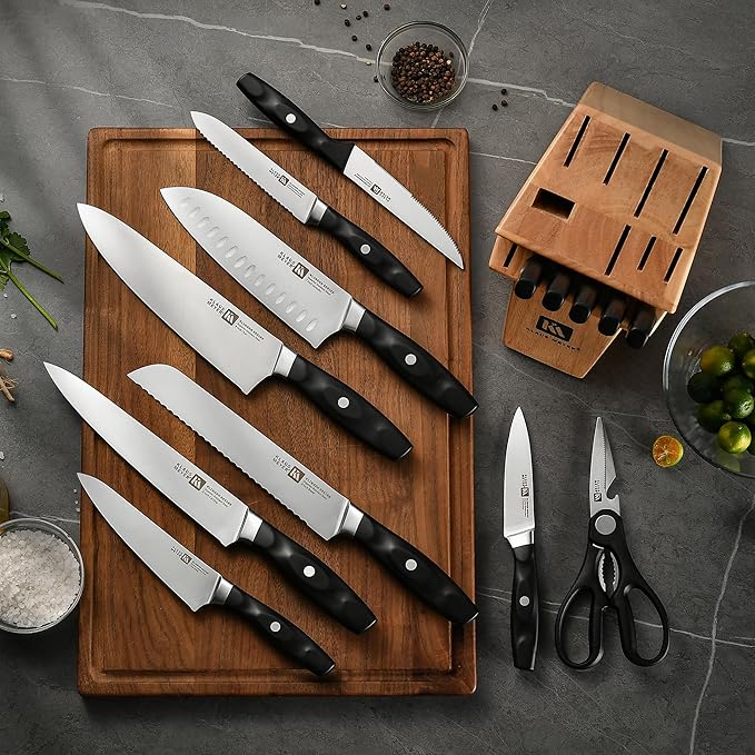 15 Pieces Knife Block Set, High Carbon German Stainless Steel Forged Sharp Blade Knife Set With Block, Dishwasher Safe Cutlery