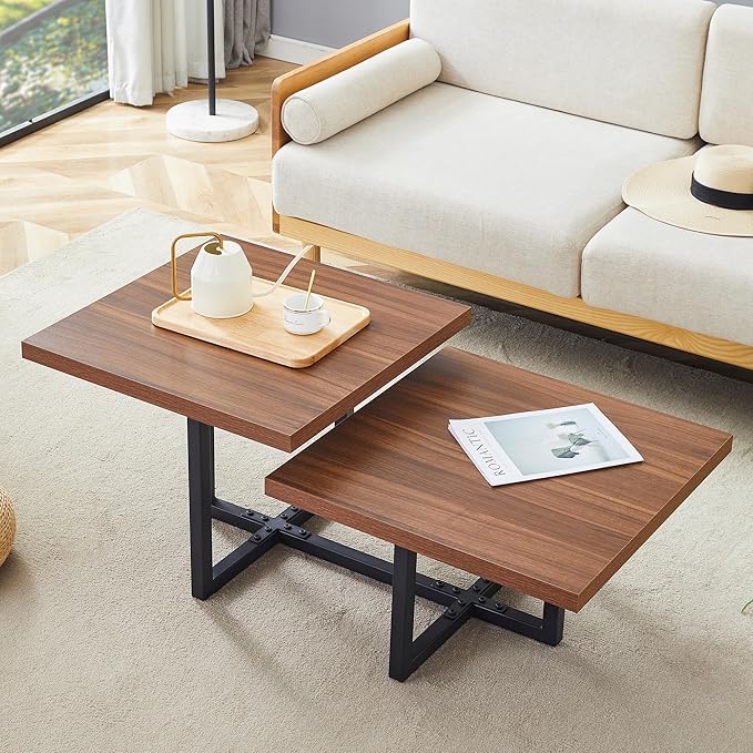 Modern Coffee Table,47" Double Layer Coffee Table,Walnut Color Square Center Tables for Living Room, Easy to Assemble and Clean
