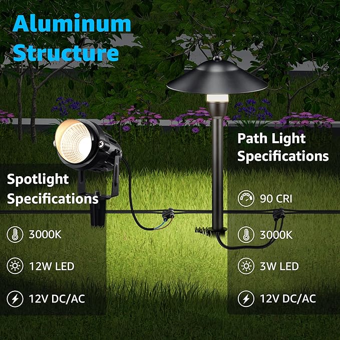 SUNVIE LED Low Voltage Landscape Lighting 12V Landscape Lighting Kit with Connectors, Low Voltage Pathway Lights with Spotlights Aluminum Pathway Lights Wired Waterproof for Patio Yard Garden, 12 Pack