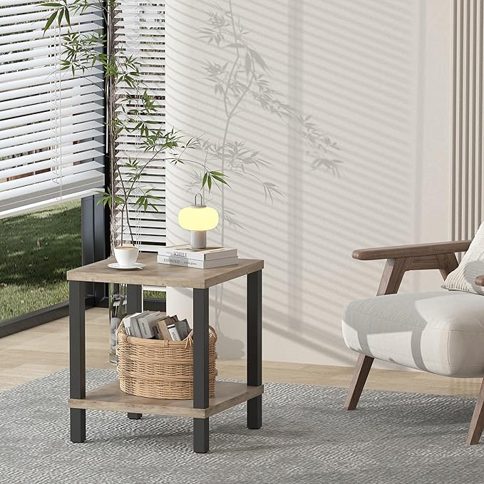 Large End Table Square Side Table Modern Sofa Table 20 Inch Industrial Coffee Table NightStand with 2-Tier Storage Shelf for Living Room Bedroom Oak Grey MLBZ06Z