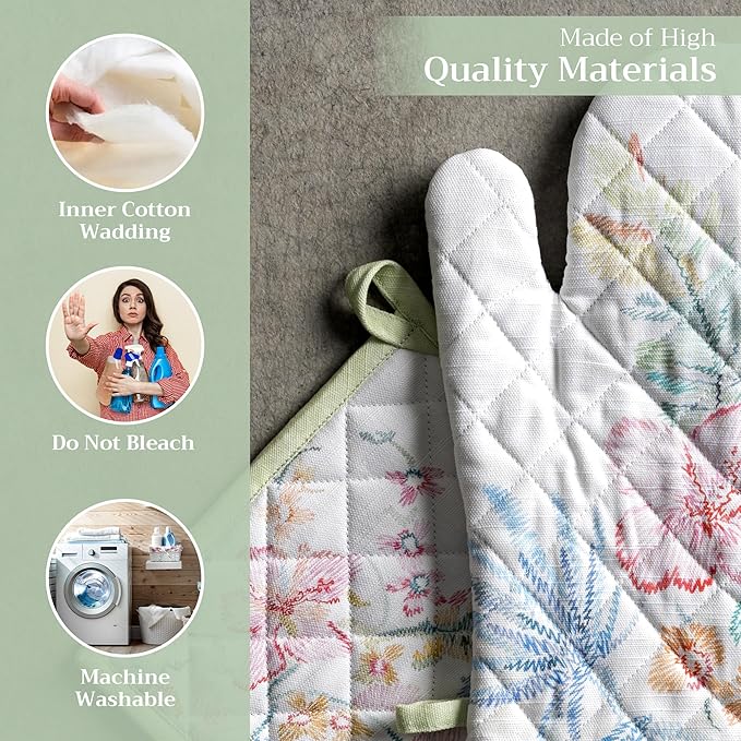 Maison d' Hermine 100% Cotton Oven Mitt & Pot Holder Set (7.5"x13" & 8"x8") Heat Resistant BBQ Cooking Gloves with Loop, Baking, Grilling, Kitchen, Handling Hot Pans Spring/Summer (Paradise Island)