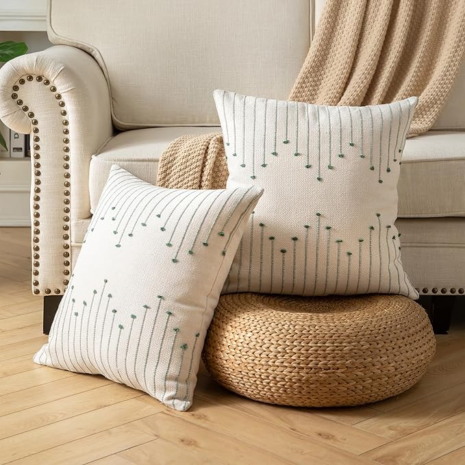 Caflife Boho Throw Pillow Covers 22x22 Set of 2 Decorative Pillows for Bed, Neutral Pillow Covers Beige with Green Line Throw Pillows for Modern Farmhouse Couch Sofa Living Room Outdoor