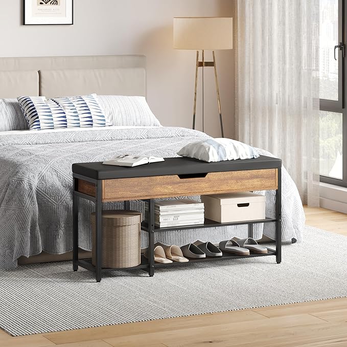 Shoe Rack Bench with Upholstered Cushion, Shoe Storage Bench with Adjustable Shelf and Hidden Storage Compartment for Hallway Entryway Living Room Rustic Brown (2-Tier)