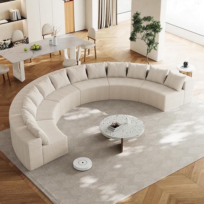 KEIKI Corduroy Curved Sectional Sofa, 6 Seater Symmetrical Modular Semi Circular Couch, Deep Seat Tufted Corner Sofa for Living Room, Lobby, Beige