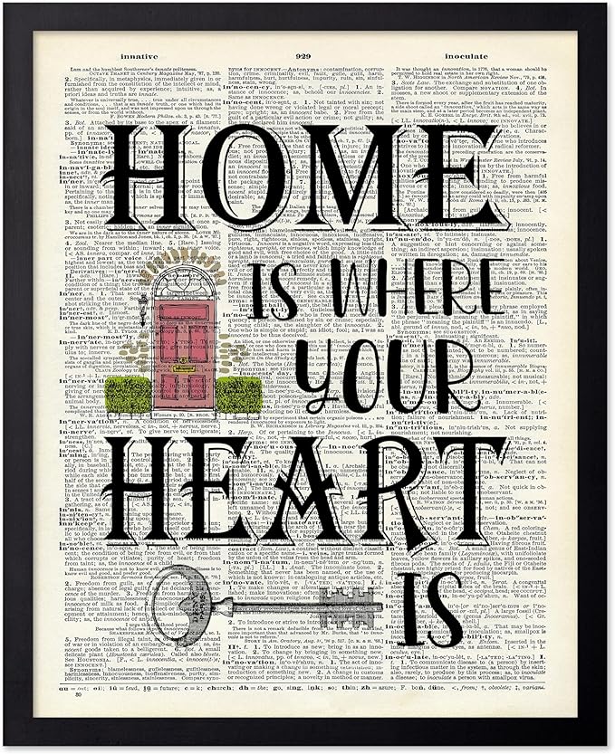 Poster Master Dictionary Art Poster - Home Is Where Your Heart Is Print - Motivational Art - Gift for Men & Women - Inspiring Wall Decor for Dorm, Bedroom or Living Room, 16x20 Black Framed