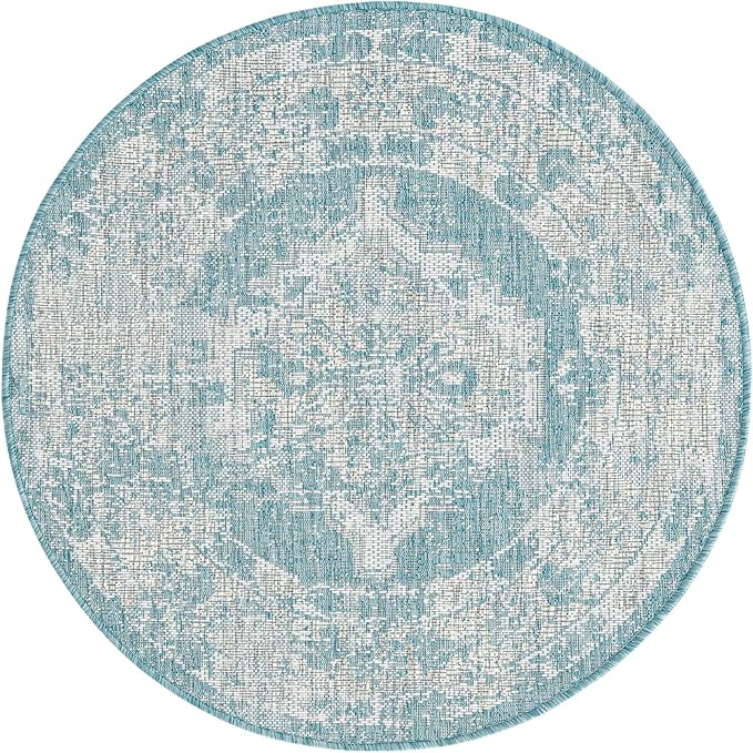 Unique Loom Outdoor Traditional Collection Area Rug - Valeria (3' 3" Round, Aqua/ Ivory)