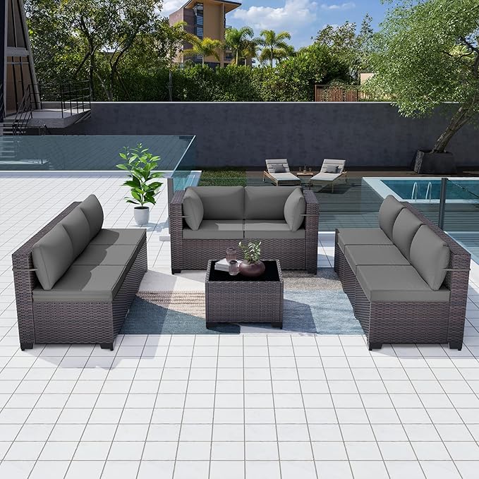 Kurapika 9 Pieces Patio Furniture Set, Rattan Wicker Outdoor Conversation Sets w/4 Inch Cushion and Glass Coffee Table(Grey)