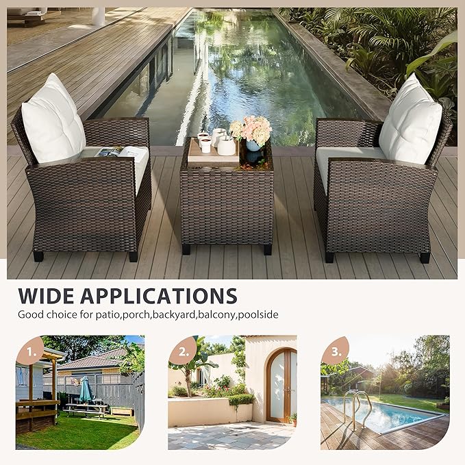 Vongrasig 3 Piece Patio Furniture Set Small Outdoor Wicker Rattan Front Porch Bistro Set Cushioned Patio Chairs Conversation Set with Glass Table for Lawn, Garden, Backyard, Balcony, Poolside (Beige)