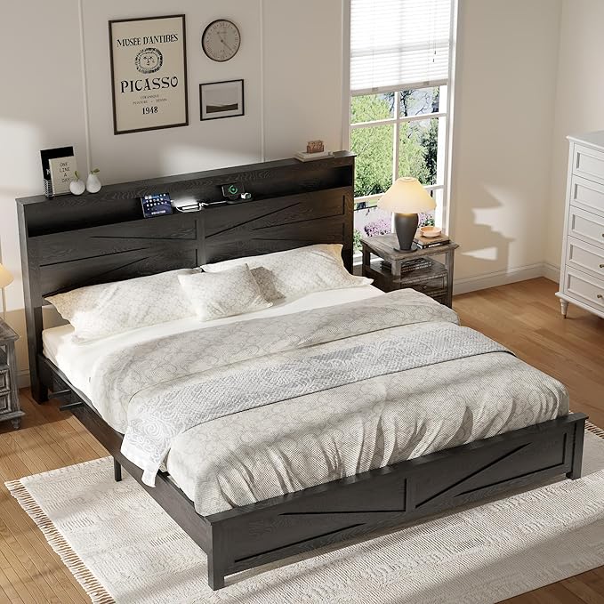 Farmhouse Wooden Bed Frame King Size with Storage Headboard, Boho Platform Bedframe with LED Lights and Charging Station, Metal Slats Support, No Box Spring Needed, Black