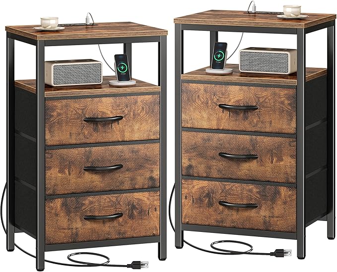 Huuger Nightstands Set of 2, 27.6 Inch End Tables with Charging Station, Fabric Drawers, Bedside Tables with USB Port and Outlet, Night Stands for Bedroom, Rustic Brown
