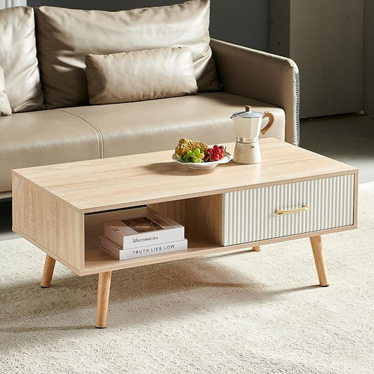 Mid Century Wooden Coffee Table with Stripe Drawer，Modern 41" Large Center Table with Storage，Rectangular Light Wood Coffee Tables for Living Room, 2-Tier Cocktail Table, Solid Wood Legs