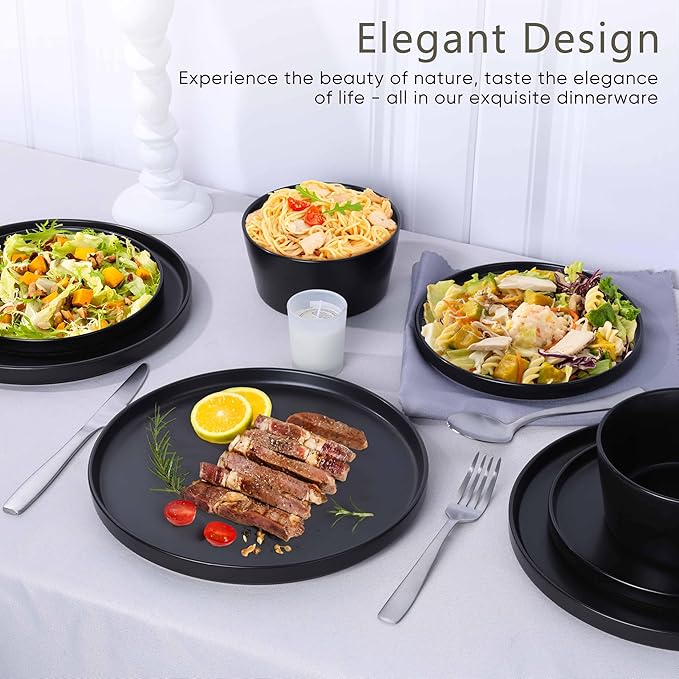 Herogo 12 Pieces Stoneware Dinnerware Set, Service for 4, Dinner Plates and Bowls Sets, Double Reactive Glaze Dishes Set for Kitchen, Scratch Resistant, Dishwasher Safe, Matte Black