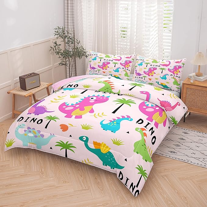 Tailor Shop Pink Dinosaur Comforter Set for Kids,Girls Bedding Sets Twin Size,Cartoon Dinosaur Bedding,Colorful Dino Bed Set，with 1 Comforter 1 Pillowcase……