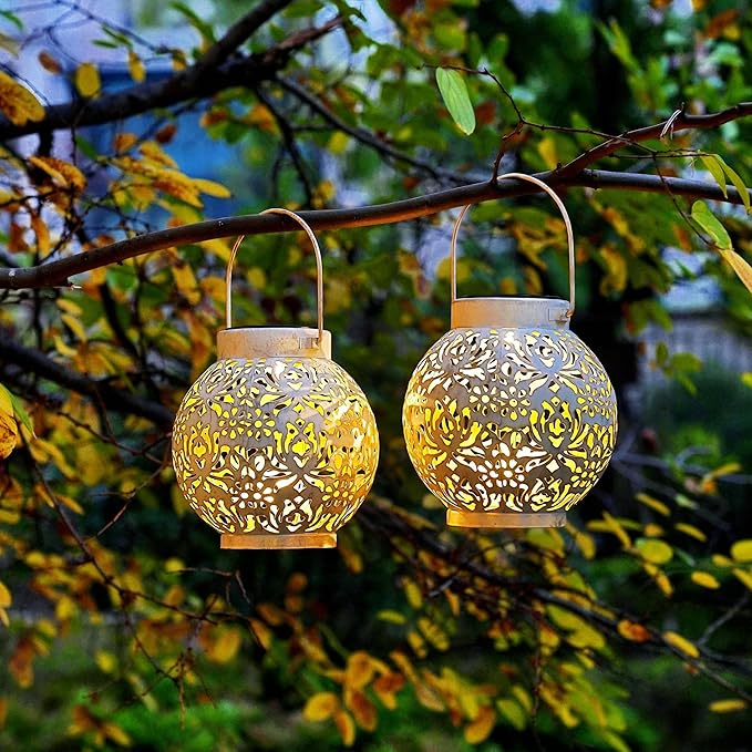 Outdoor Solar Hanging Lantern Lights Metal LED Decorative Lamp for Garden Patio Courtyard Lawn and Table with Hollowed-Out Design (White)