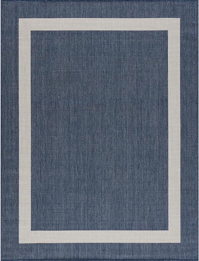 CAMILSON Outdoor Rug 8x10, Modern Outside Rugs for Patios Porches Waterproof Durable Washable Non-Shedding, Easy-to-Clean Indoor Outdoor Area Carpet (8 x 10, Bordered - Blue/White)