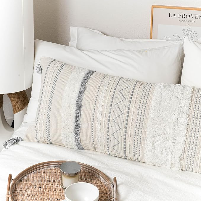 Large Body Pillow Cover for Bed 20x54 Gray Boho Accent Oversized Long Pillowcase for Bedroom Neutral White Decorative Cushion Farmhouse Home Décor (Cover ONLY, Pack of 1)