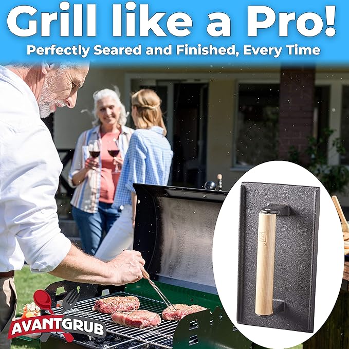 Pro Grade, Pre Seasoned Cast Iron Grill Weight 2Pk. Heavy Duty Steak and Burger Press with Wooden Handle for Grills, Griddles and Flattops. Perfect Gadget for Bacon, Paninis, Sandwiches and Vegetables
