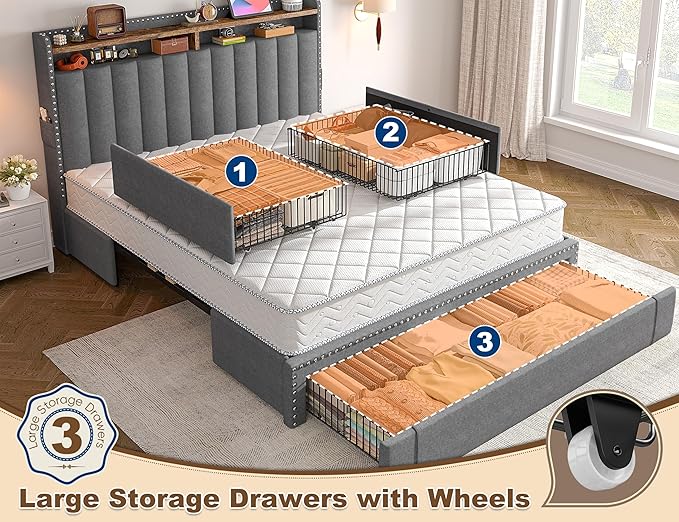EnHomee Queen Size Bed Frame, Upholstered Queen Bed Frame with 3 Storage Drawers & 2-Tier Headboard Shelves, 1100LBS Heavy Duty, No Box Spring Needed, Easy Assembly, Grey