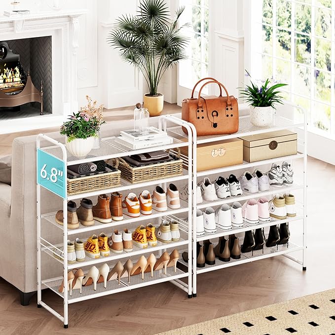 SUFAUY 33" Wide Shoe Rack, 5-Tier Shoe Storage Rack for 24-30 Pairs of Shoes, Mesh Shoe Organizer for Entryway Closet, Steel Frame, Industrial, White