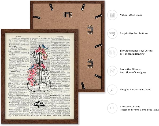 Poster Master Dictionary Art Poster - Mannequin Print - Sewing Art - Flower Art - Fashion Art - Gift for Men, Women & Dressmaker - Chic Decor for Living Room, Dorm or Office, 16x20 Brown Framed