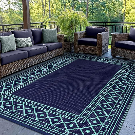 GENIMO Outdoor Rug Waterproof 6'x9' for Patio, Foldable Reversible Plastic Straw Carpet, Outside Area Mat for Patios, Rv, Deck, Picnic, Porch, Camper, Balcony, Beach, Navy Blue & Jade Green