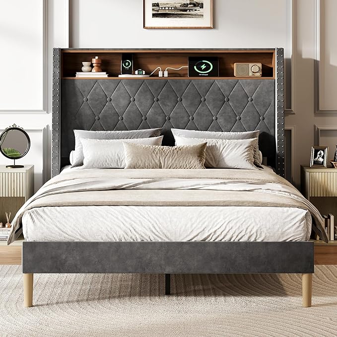 WLIVE Full Size Upholstered Bed Frame with Storage Headboard, Velvet Square Tufted Platform Bed with Charging Station, Sturdy Metal & Wooden Slats Support, No Box Spring Needed, Grey