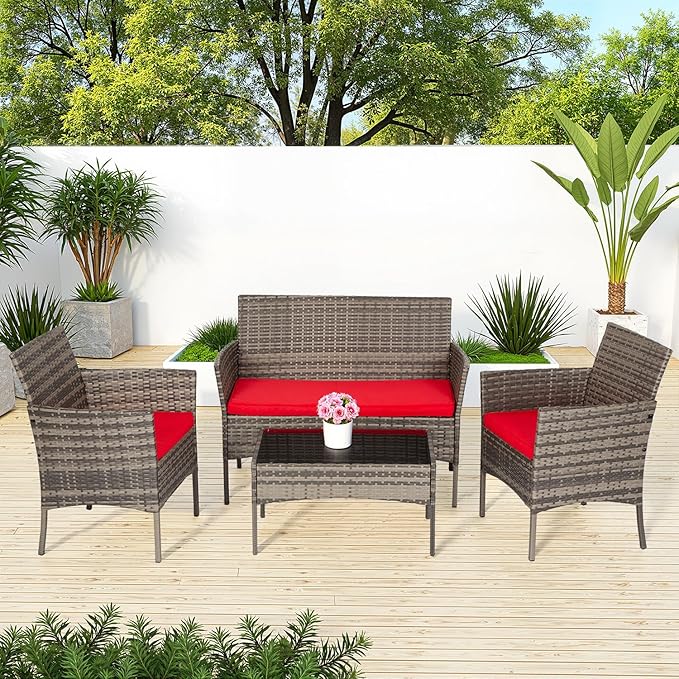 FDW Outdoor Patio Furniture Set Wicker Patio Set PE Rattan Furniture Bistro Set for Outdoor Indoor Use with Loveseats Coffee Table, Red Cushions, 4 Pieces