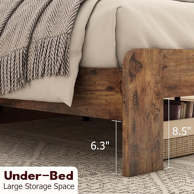 Queen Size Bed Frame, Vintage Platform Bed Frame with Wood Headboard and Footboard, 12 Wood Slats Support, No Box Spring Needed (Dark Brown)