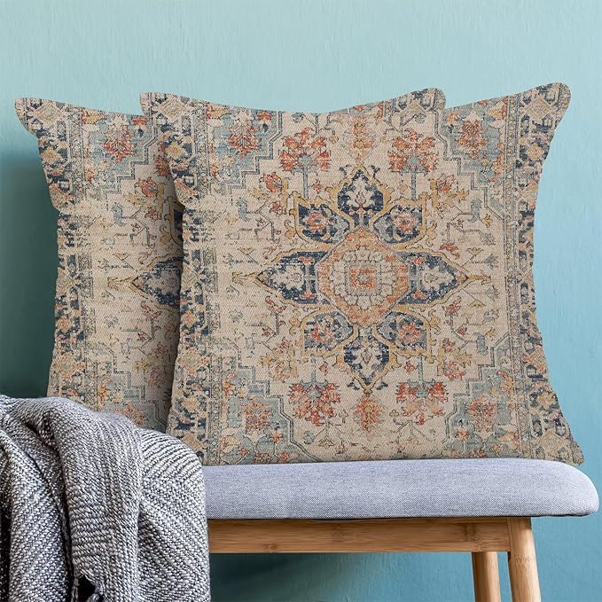 Boho Brown Nature Throw Pillow Covers 18x18 Inch Set of 2, Carpet Pattern Neutral Decorative Throw Pillow Covers Bohemia Brown Linen Outdoor Cushion Cover for Sofa Couch Farmhouse Room