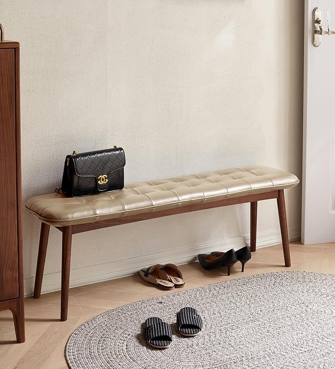 51.2'' Leather Upholstered Dining Bench with 100% Solid Oak Wood Bench Frame, Checkered Stitched Padded Cowhide Bed End Bench Ottoman for Kitchen Living Room Bedroom Entryway, Taupe