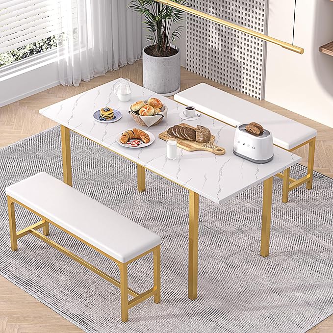 VECELO 3-Piece 63" Extendable Kitchen Table with Benches/Chairs, Modern Breakfast Dinette/Dining Room Set for 4/6/2, Small Space Saving Design, Easy Assembly