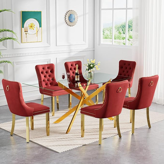 Goujxcy 7 Piece Glass Dining Table Set Modern Glass Dining Table Set for 6, 61" Rectangular Gold Kitchen Table and 6 Velvet Upholstered Wine Red Chairs, Gold Table & Burgundy Chair