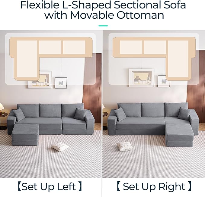 LINSY HOME Convertible Sofa Bed with 2 Pillows & Ottoman, L Shaped Modular Sectional Sleeper Sofa, Folding Sofas Corduroy Couch Bed Compression Sofa for Living Room Apartment, Grey