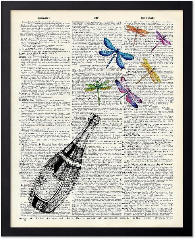 Poster Master Dictionary Art Poster - Champagne Bottle Print - Dragonfly Art - Alcohol Art - Gift for Men, Women & Bartender - Great Decor for Bar, Kitchen or Restaurant, 16x20 Black Framed
