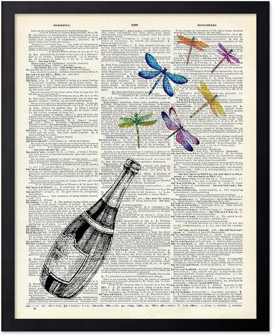 Poster Master Dictionary Art Poster - Champagne Bottle Print - Dragonfly Art - Alcohol Art - Gift for Men, Women & Bartender - Great Decor for Bar, Kitchen or Restaurant, 16x20 Black Framed