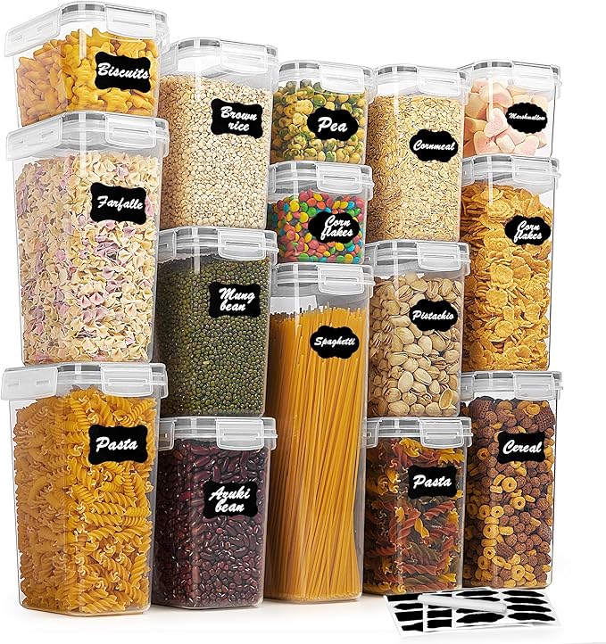 Vtopmart Airtight Food Storage Containers Set with Lids, 15pcs BPA Free Plastic Dry Food Canisters for Kitchen Pantry Organization and Storage, Dishwasher safe,Include 24 Labels, Grey