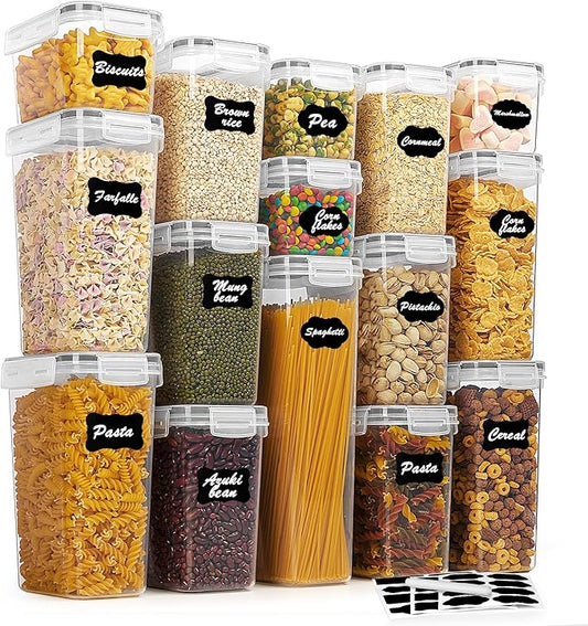 Vtopmart Airtight Food Storage Containers Set with Lids, 15pcs BPA Free Plastic Dry Food Canisters for Kitchen Pantry Organization and Storage, Dishwasher safe,Include 24 Labels, Grey