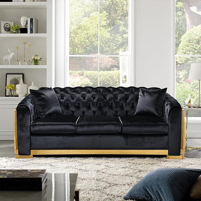 KEIKI 81" Luxury Oversized Velvet Chesterfield Sofa with Gold Stainless Decoration, Mid-Century Style 3-Seater Couch with Tufted Back and Rolled Arms, Easy Assembly, for Apartment, Living Room, Black