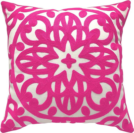 Alysheer Embroidered Decorative Throw Pillow Cover 18x18 inches, Classic Boho Mandala Knit Pattern, Farmhouse Cottage Cotton Canvas Cushion Case for Sofa Couch Bed Living Room Decor(Bright Hot Pink)