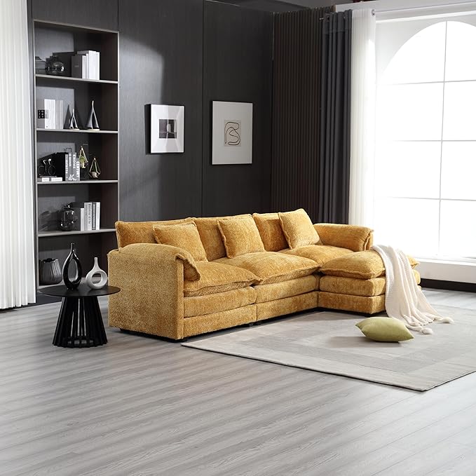 KEIKI 112" L-Shaped Chenille Modular Sectional Chenille Sofa with 1 Movable Ottoman & Memory Foam Cushion, Upholstered Oversized 4-Seater Couch, Easy Assembly, for Apartment, Living Room, Yellow