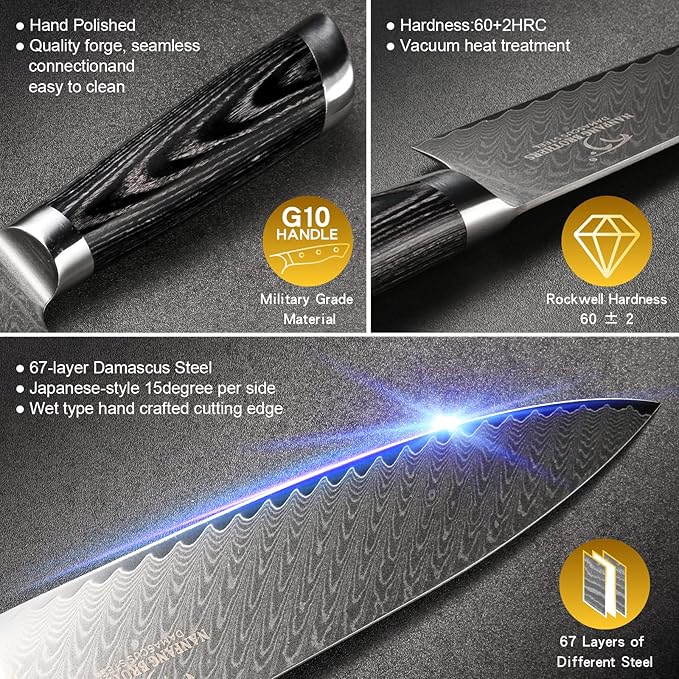 NANFANG BROTHERS Knife Set, 7-Piece Damascus Kitchen Knife Set with Block, ABS Ergonomic Handle for Chef Knife Set, Kitchen Shears, Knife Block Set