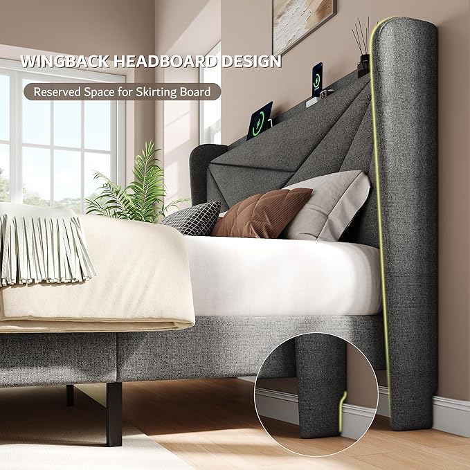 iPormis Queen Size Bed Frame with Charging Station, Linen Platform Bed Frame with Wingback Headboard Upholstered Bedframe, Solid Wood Slats Support, No Box Spring Needed, Easy Assembly, Dark Grey