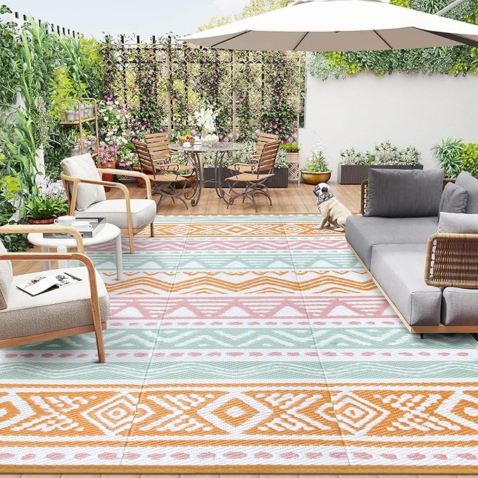 Lahome Waterproof Outdoor Rug 9x12, Reversible Outdoor Plastic Straw Rug for Patio, RV Camping Rug Picnic Mat Outside, Large Outdoor Carpet for Beach Deck Backyard Balcony(Pink/Orange,9'x 12')