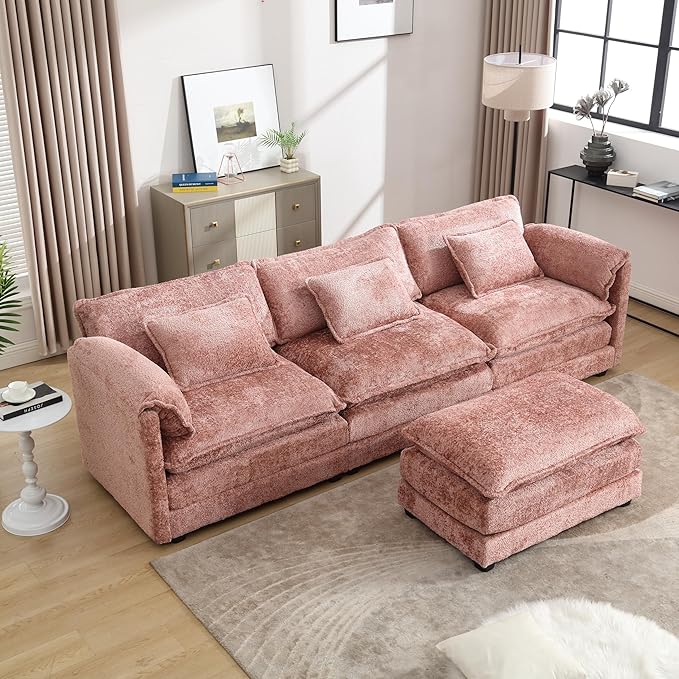 KEIKI 112" L-Shaped Chenille Modular Sectional Chenille Sofa with 1 Movable Ottoman & Memory Foam Cushion, Upholstered Oversized 4-Seater Couch, Easy Assembly, for Apartment, Living Room, Pink