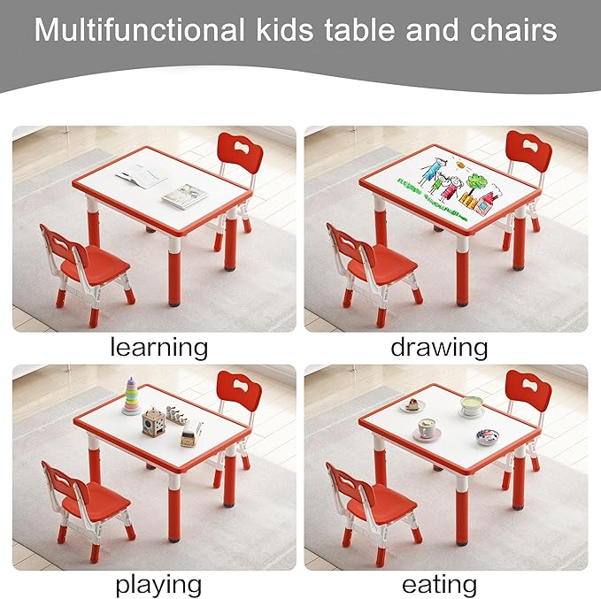 Toddler Table and 2 Chairs, Kids Table and Chair Set Height Adjustable, 31.5''L x 23.6''W Multifunctional Graffiti Desktop for Reading, Drawing, Eating, for Girls & Boys Age 2-10, Red